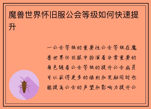 魔兽世界怀旧服公会等级如何快速提升